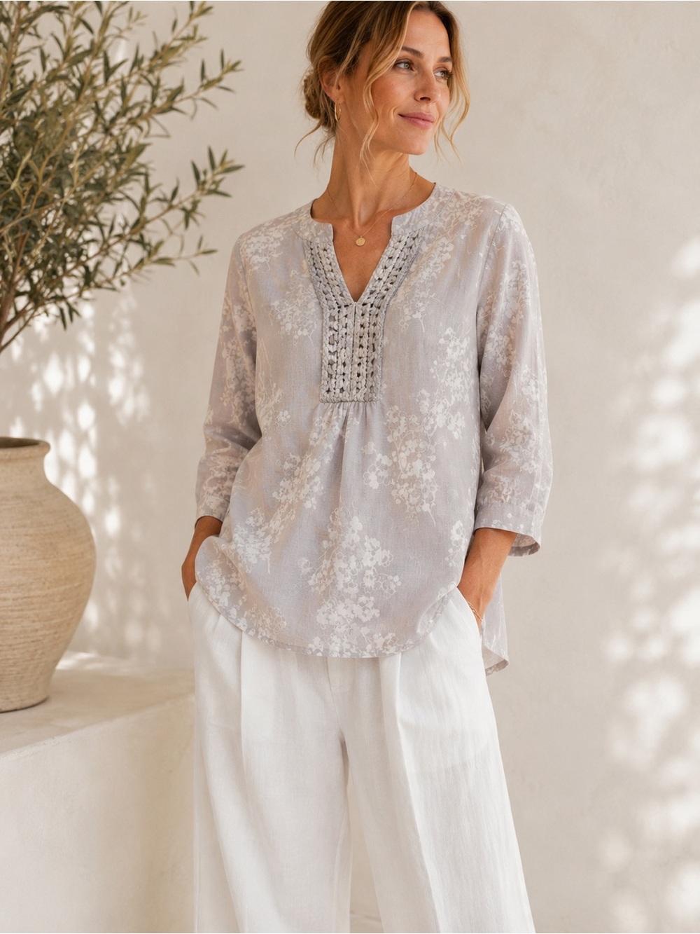 Boden 100% Linen Floral Braided Rope Neckline Tunic Blouse Grey White UK 8 US 4